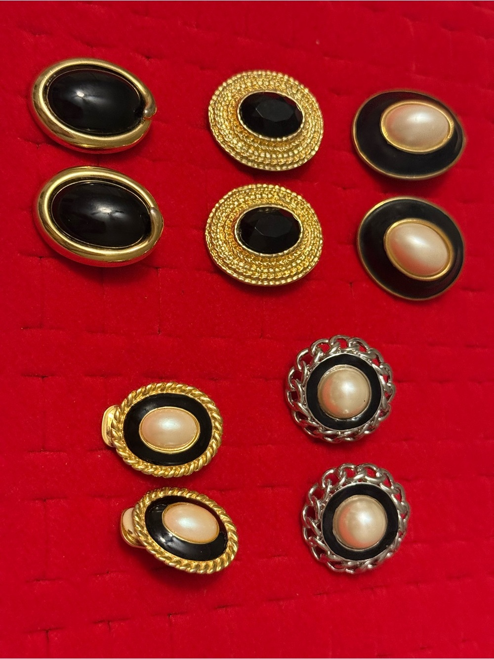 Vintage Classic Black and Pearl Button Earrings Lot 80s Large Chunky 5 pairs